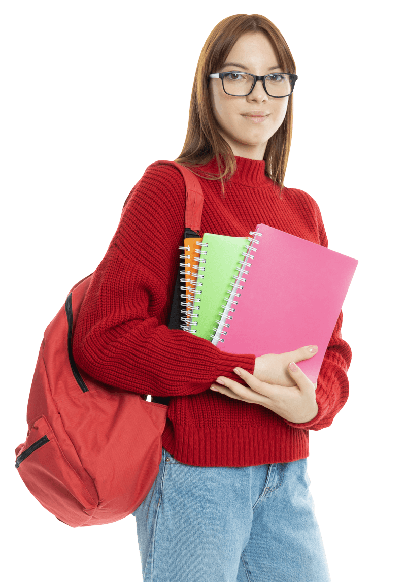 Jeune étudiante avec un pull rouge et des carnets de cours Jeune étudiante avec un pull rouge et des carnets de cours