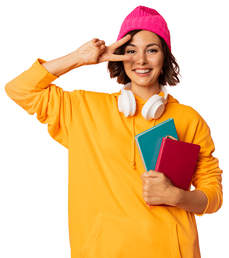 Jeune étudiante positive et souriante habillée en couleur vives